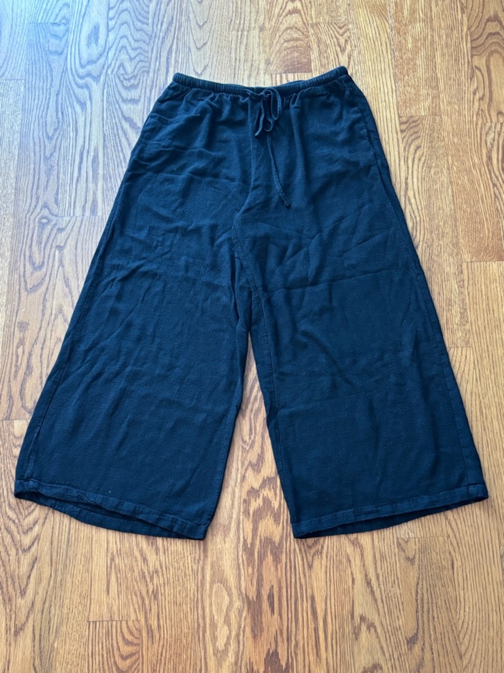 Linen Blend Drawstring Wide Leg Ankle Pants